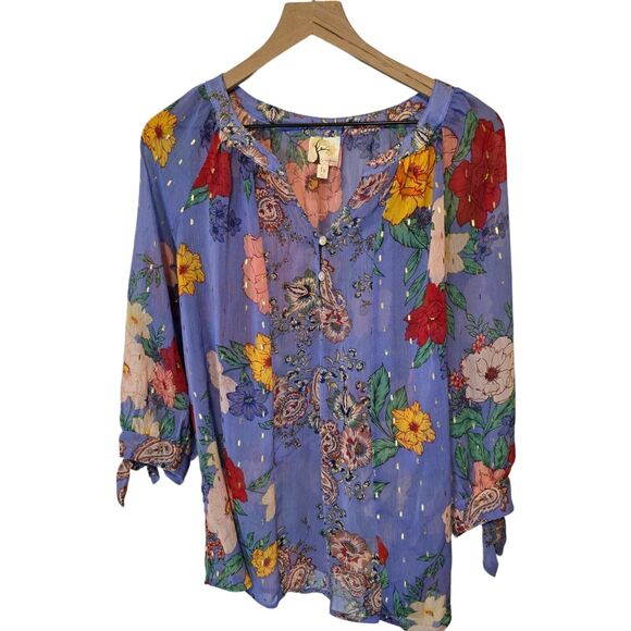 fig and flower Tops - Fig & Flower Floral Mixed Print Chiffon Henley Split Neck 3/4 Sleeve Blouse 1X